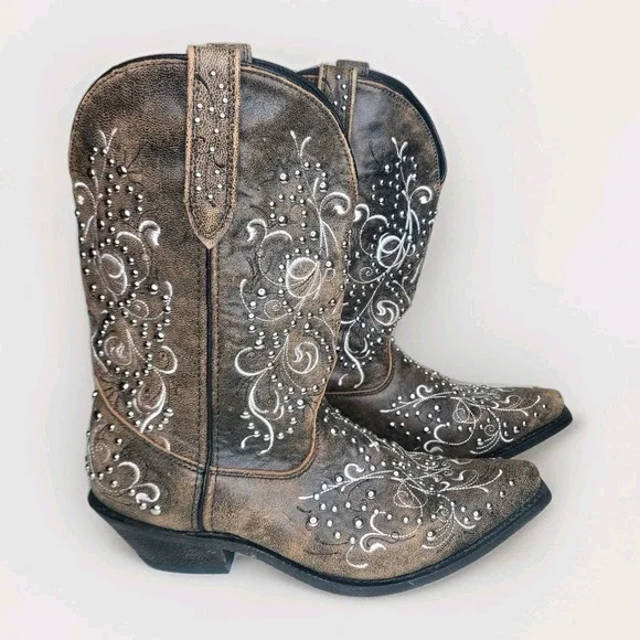 ROCKIN COUNTRY Womens Brown Leather Silver Studded Western Pull On Boots Sz 11M - Picture 2 of 8